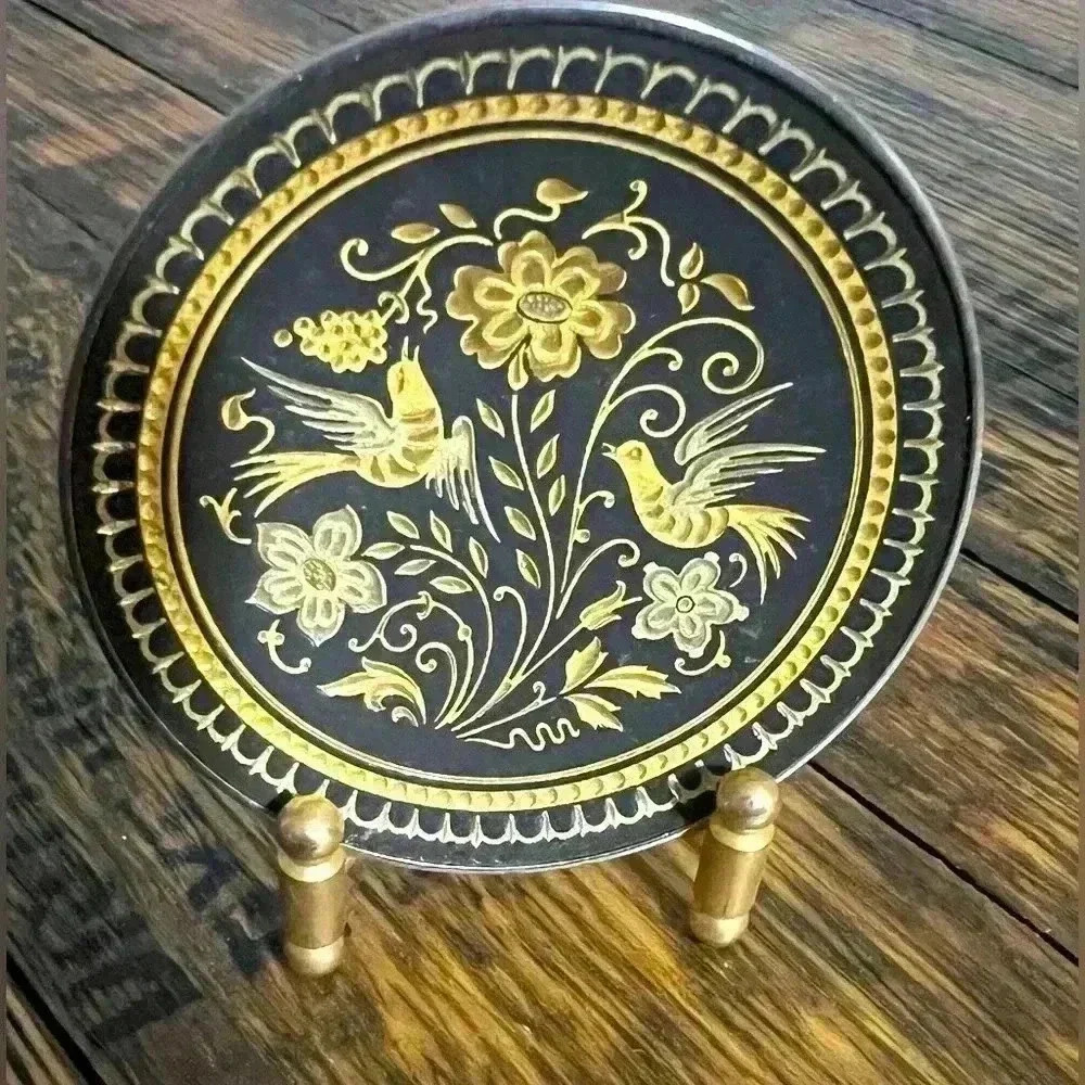 Damascene Gold Dove Design Round Decorative Mini Plate by Midas of Toledo Spain
